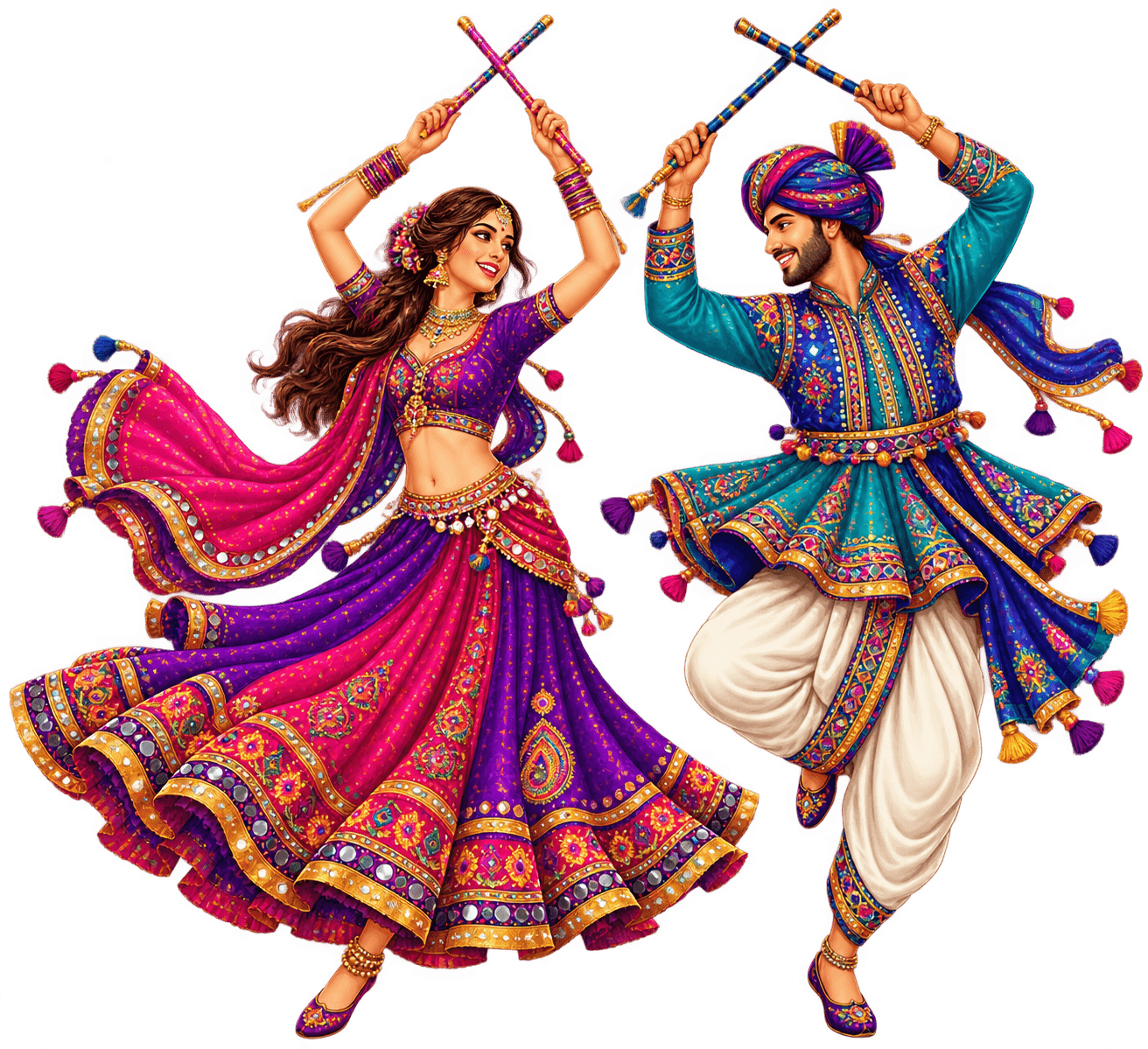 Two Garba dancers performing with dandiya sticks